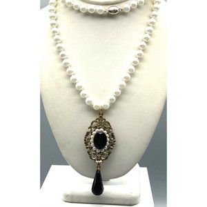 Vintage Glass Pearl Strand Necklace with Elegant Mourning Pendant, Faceted Black